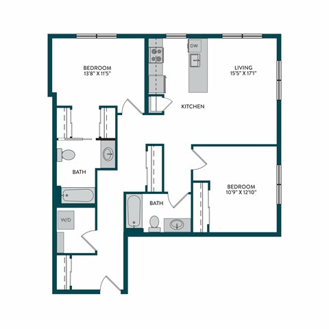 A floor plan of a house with three bedrooms, a living area, a kitchen, and two bathrooms.